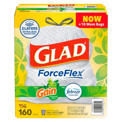 Glad ForceFlex 13-Gallon Kitchen Trash Bags, Gain Original Scent + Febreze – 160 ct. | LeakGuard, RipGuard, Odor Control