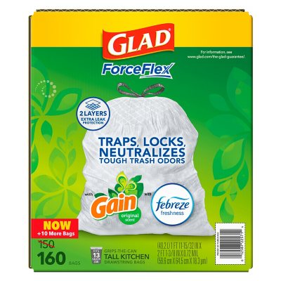 Glad ForceFlex 13-Gallon Kitchen Trash Bags, Gain Original Scent + Febreze – 160 ct. | LeakGuard, RipGuard, Odor Control