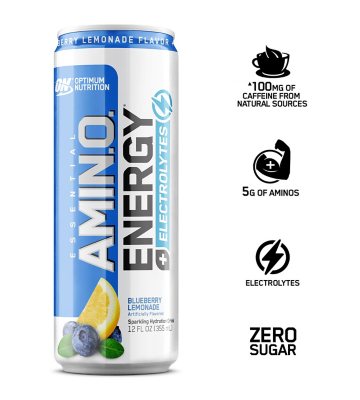 Optimum Nutrition Essential Amino Energy + Electrolytes Sparkling Hydration Drink – Blueberry Lemonade, 12-Pack | Zero Sugar, Hydration & Performance Boost