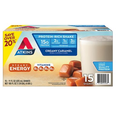 Atkins 15g Energy Protein Shake – Creamy Caramel, 11 fl. oz., 15-Pack | Low Carb, High Protein, Ready-to-Drink