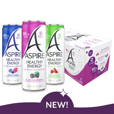 Aspire Healthy Energy Drinks Variety Pack – 12 fl. oz., 15-Pack | Zero Sugar, Natural Caffeine, Metabolism Boost