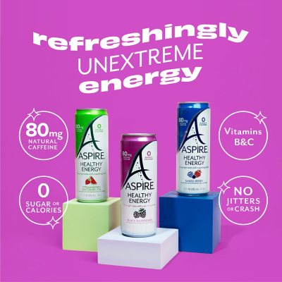 Aspire Healthy Energy Drinks Variety Pack – 12 fl. oz., 15-Pack | Zero Sugar, Natural Caffeine, Metabolism Boost