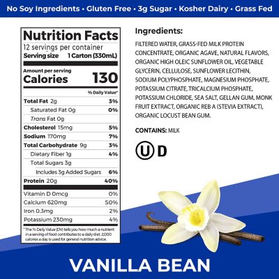 Orgain 20g Clean Protein Grass-Fed Protein Shake – Vanilla Bean, 11 fl. oz., 12-Pack | Low Sugar, Gluten-Free, Non-GMO