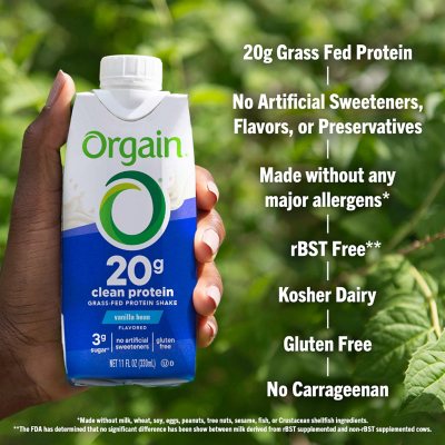 Orgain 20g Clean Protein Grass-Fed Protein Shake – Vanilla Bean, 11 fl. oz., 12-Pack | Low Sugar, Gluten-Free, Non-GMO