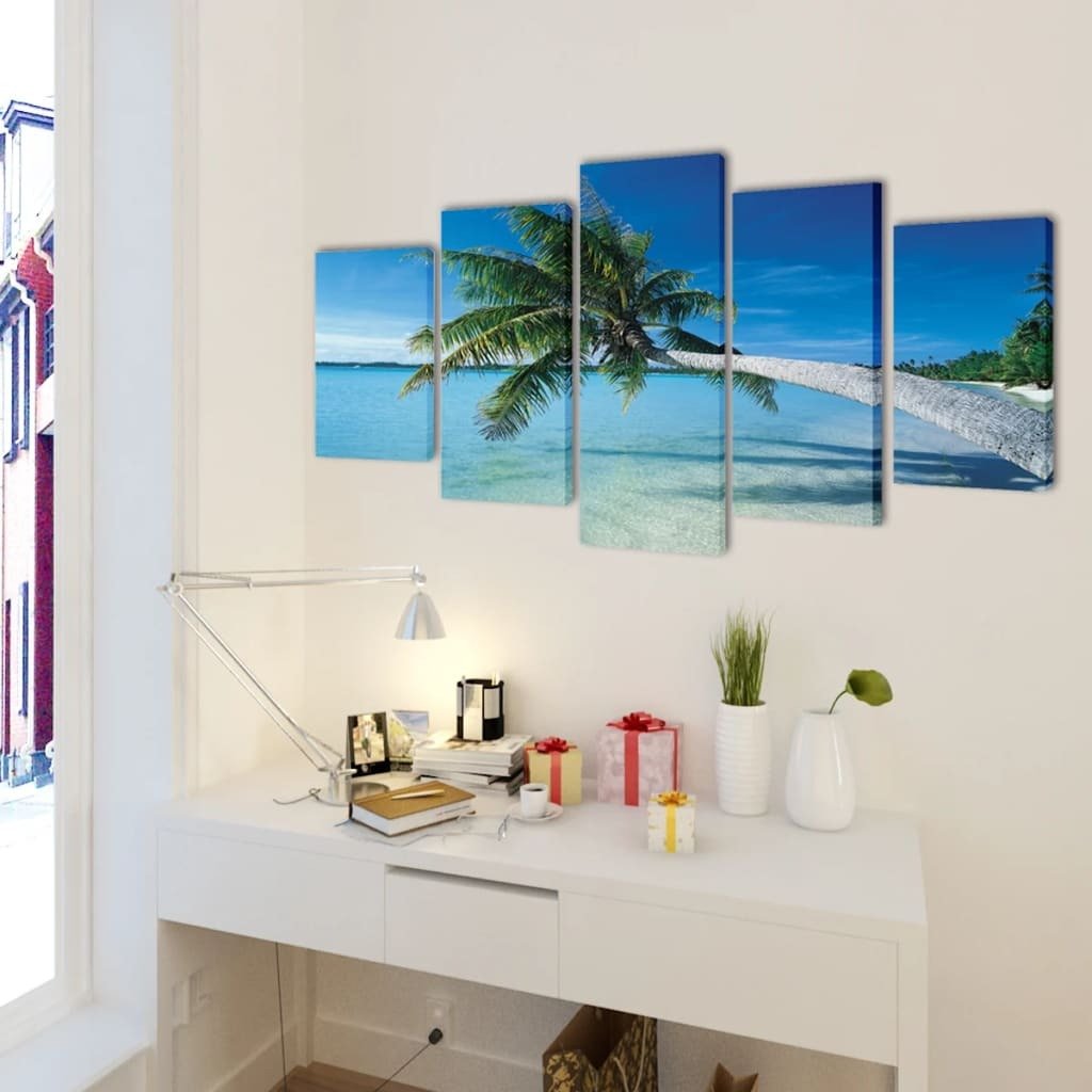 5 - Panel Canvas Wall Print Set - Sand Beach with Palm Tree - 79" x 39" - Ultimate Online Deals