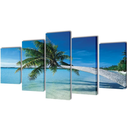 5 - Panel Canvas Wall Print Set - Sand Beach with Palm Tree - 79" x 39" - Ultimate Online Deals