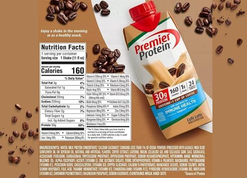 DRINKOLIN Premier Protein 30g High Protein Shake,Cafe Latte Flavor 1g Sugar, 24 Vitamins & Minerals, Nutrients to Support Immune Health 11 Fl Oz (Pack of 6).