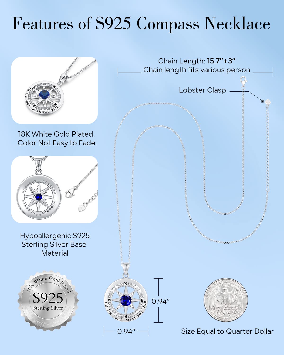 S925 Sterling Silver Compass Necklace – "I'd Be Lost Without You" Anniversary Gift for Her