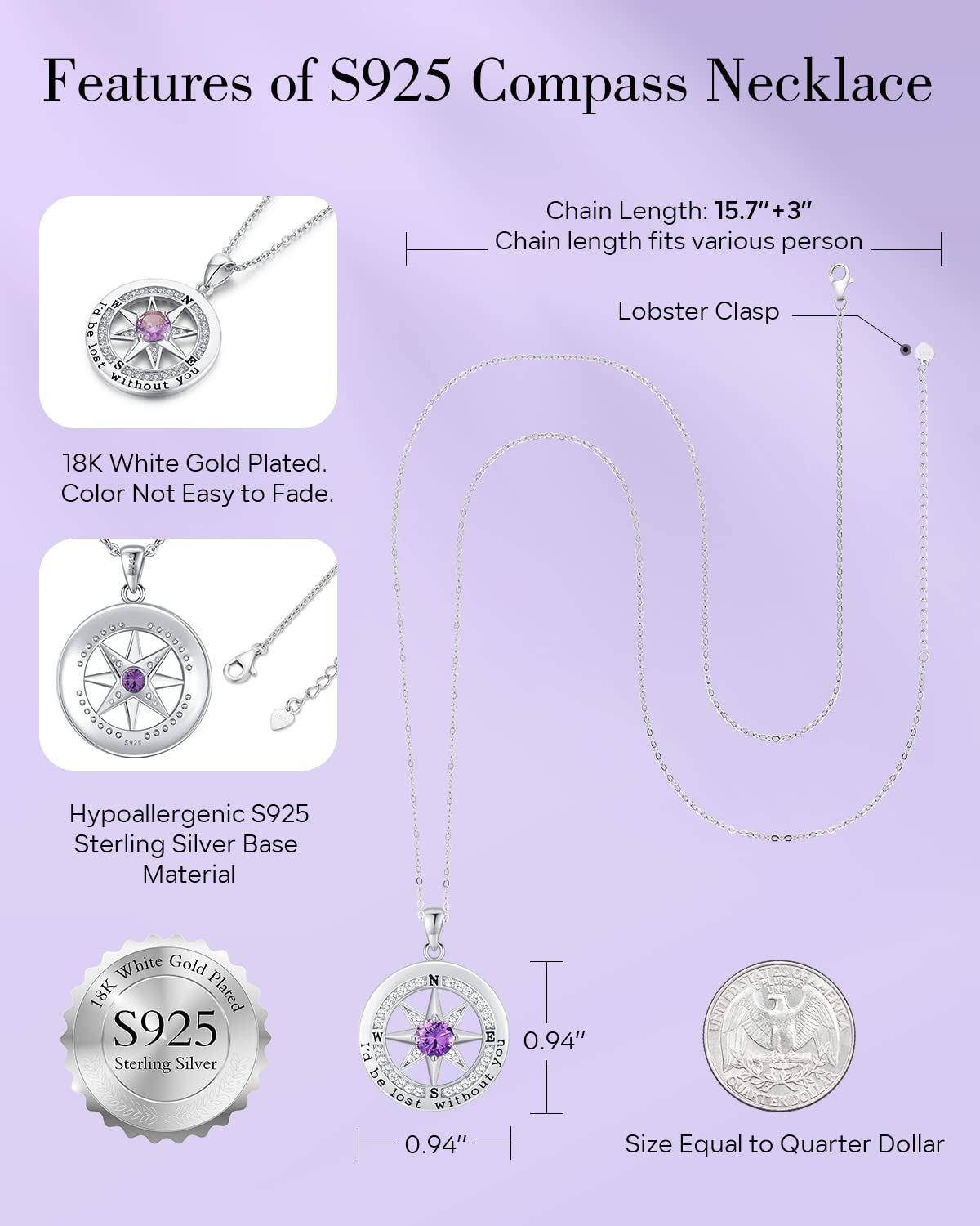 S925 Sterling Silver Compass Necklace – "I'd Be Lost Without You" Anniversary Gift for Her