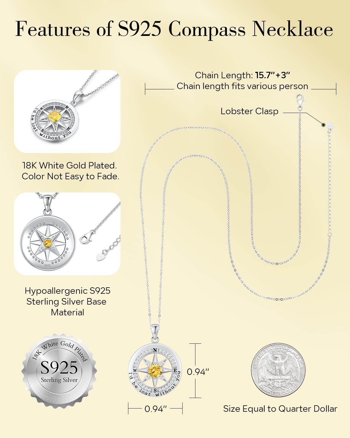 S925 Sterling Silver Compass Necklace – "I'd Be Lost Without You" Anniversary Gift for Her