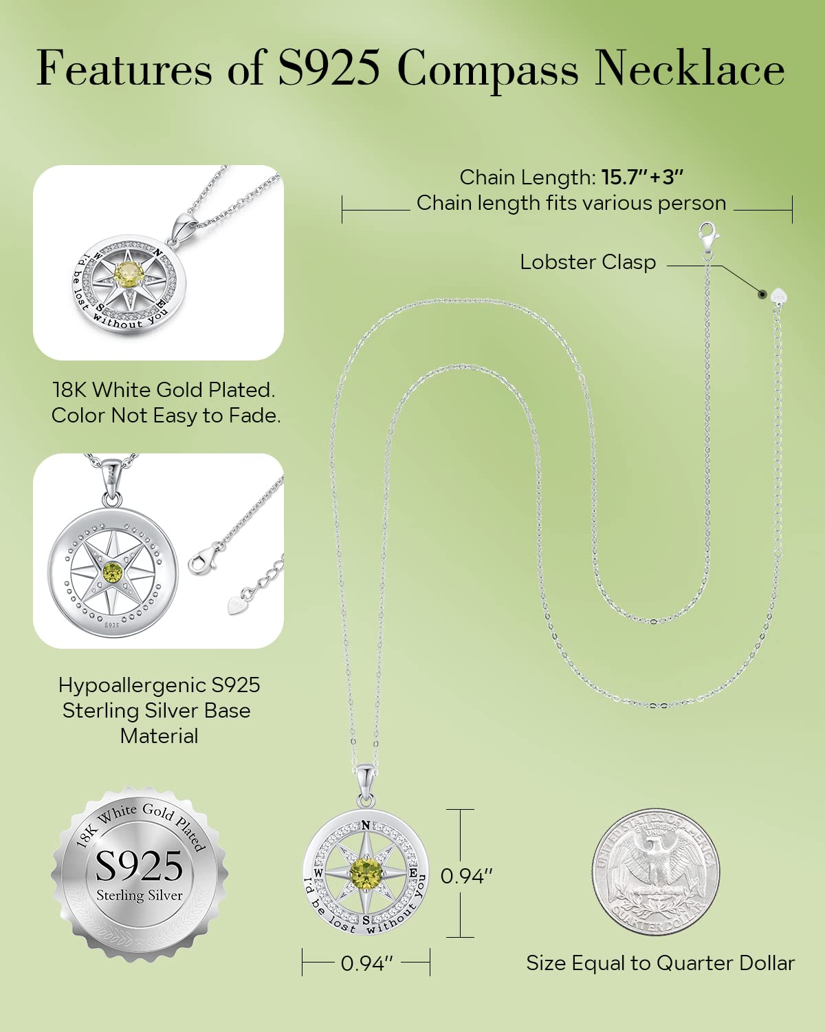 S925 Sterling Silver Compass Necklace – "I'd Be Lost Without You" Anniversary Gift for Her