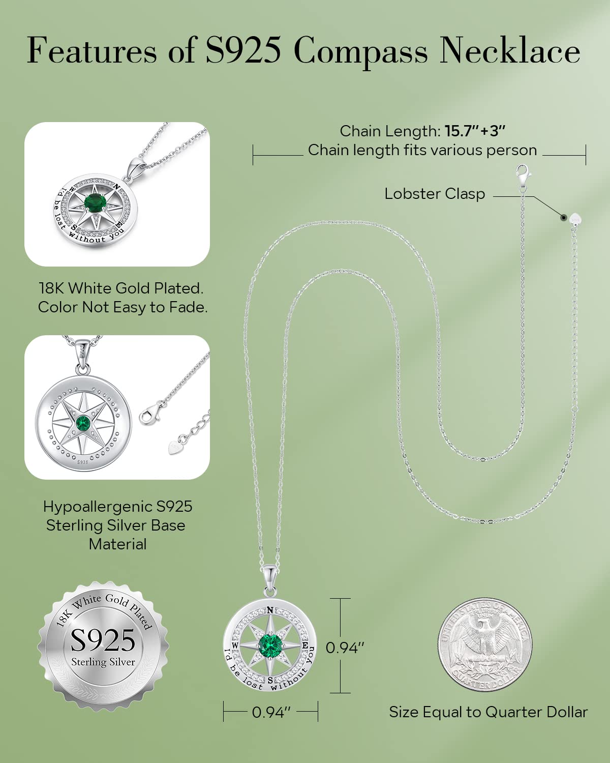 S925 Sterling Silver Compass Necklace – "I'd Be Lost Without You" Anniversary Gift for Her