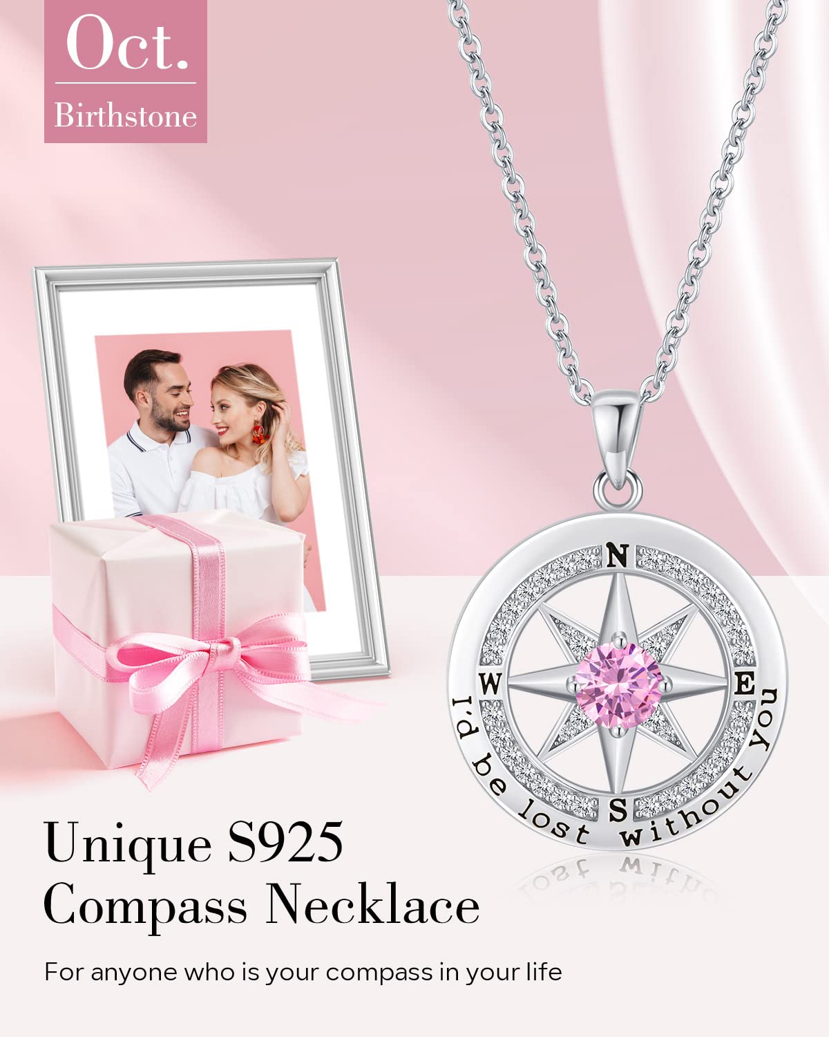 S925 Sterling Silver Compass Necklace – "I'd Be Lost Without You" Anniversary Gift for Her