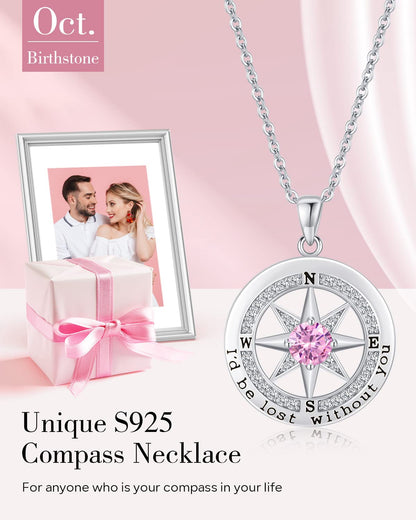 S925 Sterling Silver Compass Necklace – "I'd Be Lost Without You" Anniversary Gift for Her