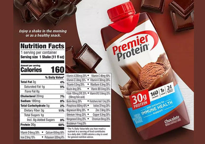 DRINKOLIN Premier Protein 30g High Protein Shake, Chocolate Flavor 1g Sugar, 24 Vitamins & Minerals, Nutrients to Support Immune Health 11 Fl Oz (Pack of 6).