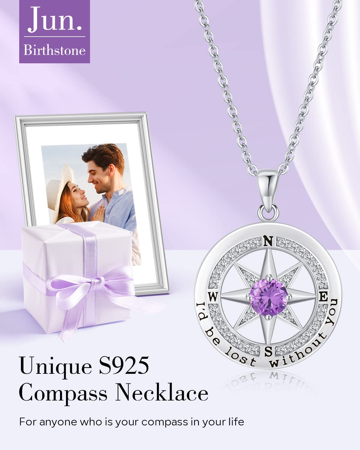 S925 Sterling Silver Compass Necklace – "I'd Be Lost Without You" Anniversary Gift for Her