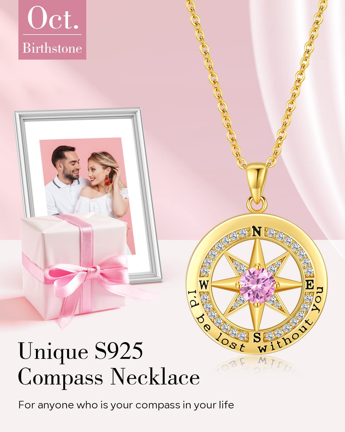 S925 Sterling Silver Compass Necklace – "I'd Be Lost Without You" Anniversary Gift for Her