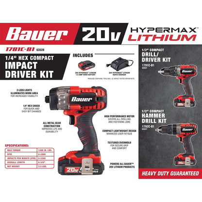 Bauer 20V Hypermax Lithium 1/4 in. Hex Compact Impact Driver Kit