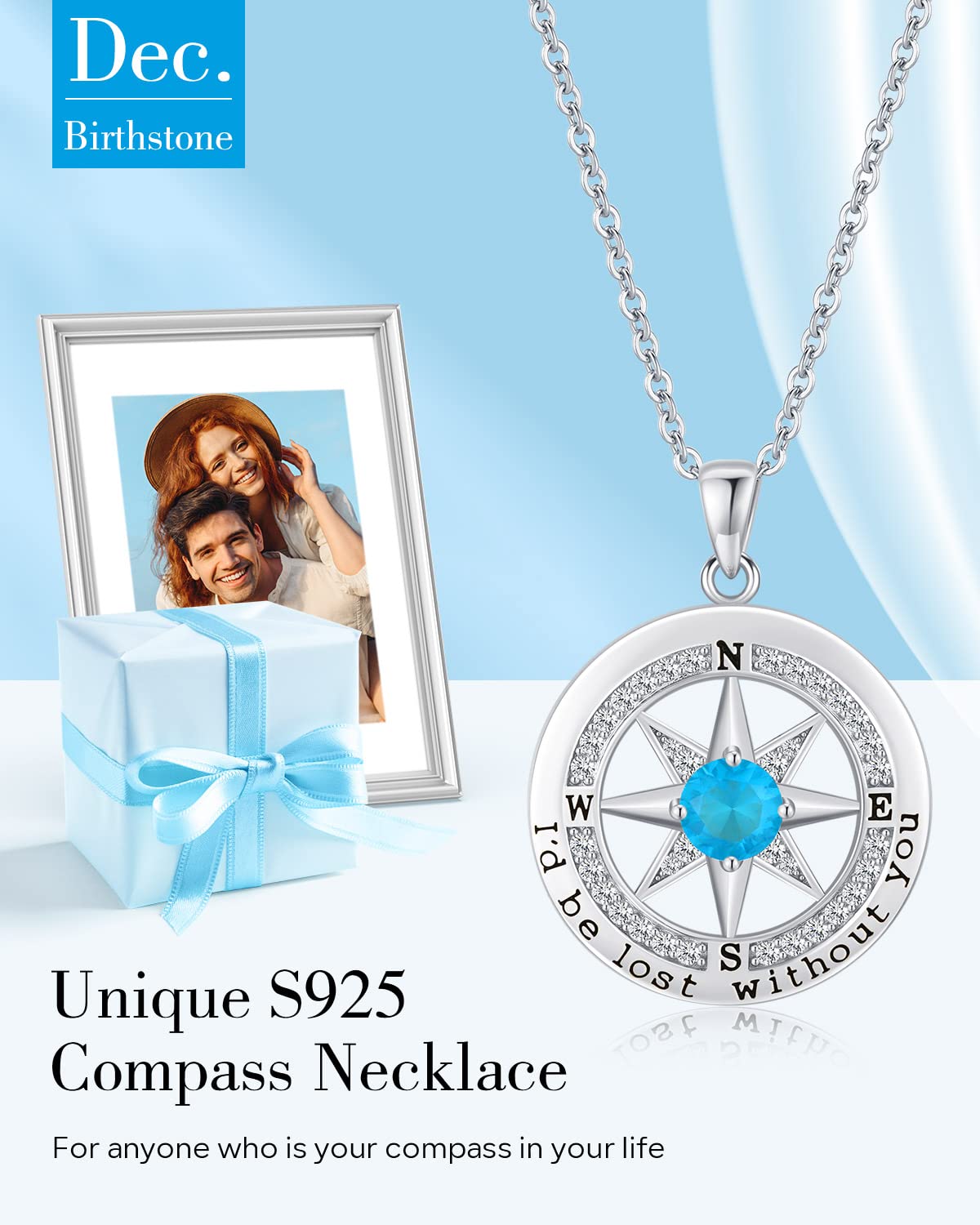 S925 Sterling Silver Compass Necklace – "I'd Be Lost Without You" Anniversary Gift for Her