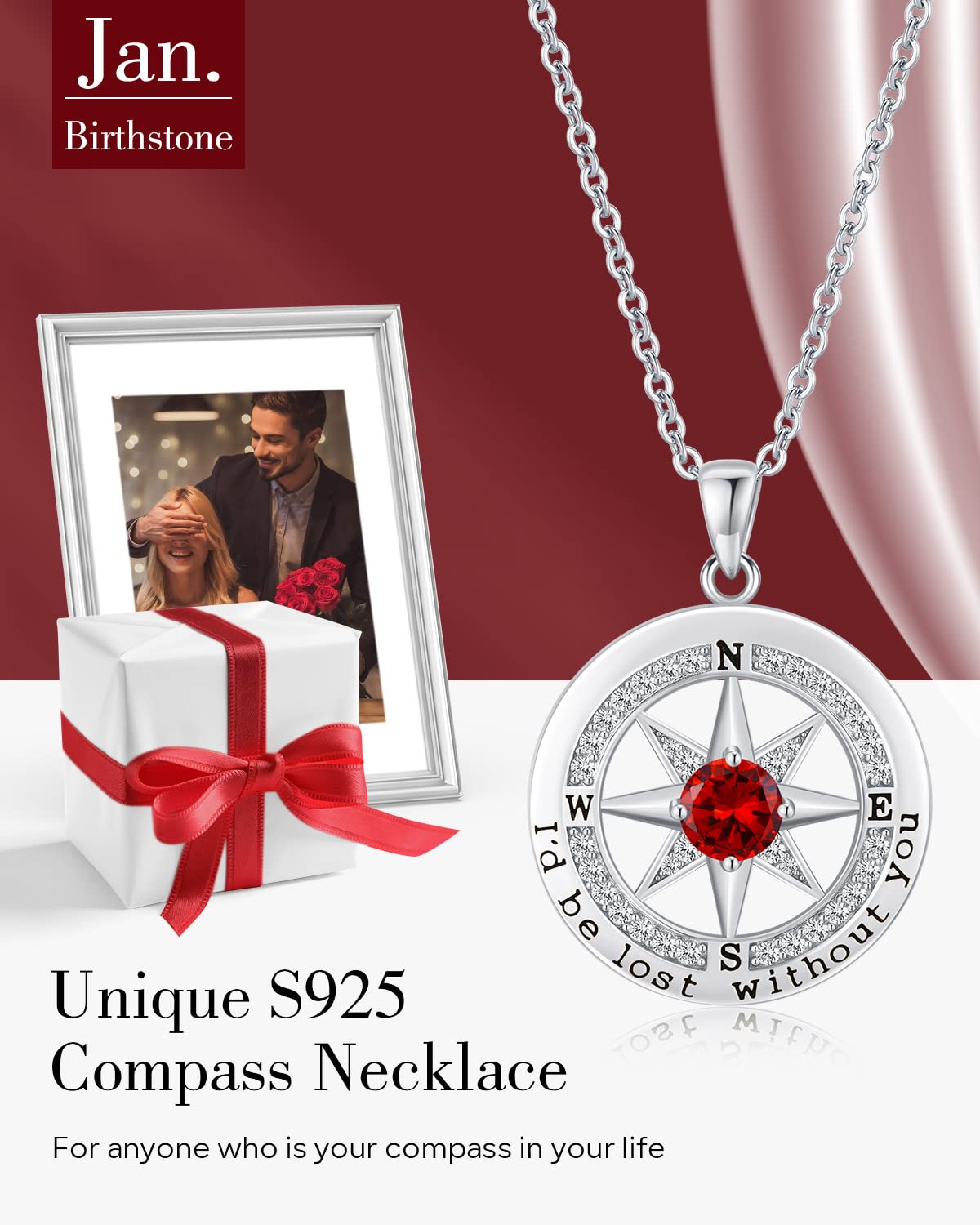 S925 Sterling Silver Compass Necklace – "I'd Be Lost Without You" Anniversary Gift for Her