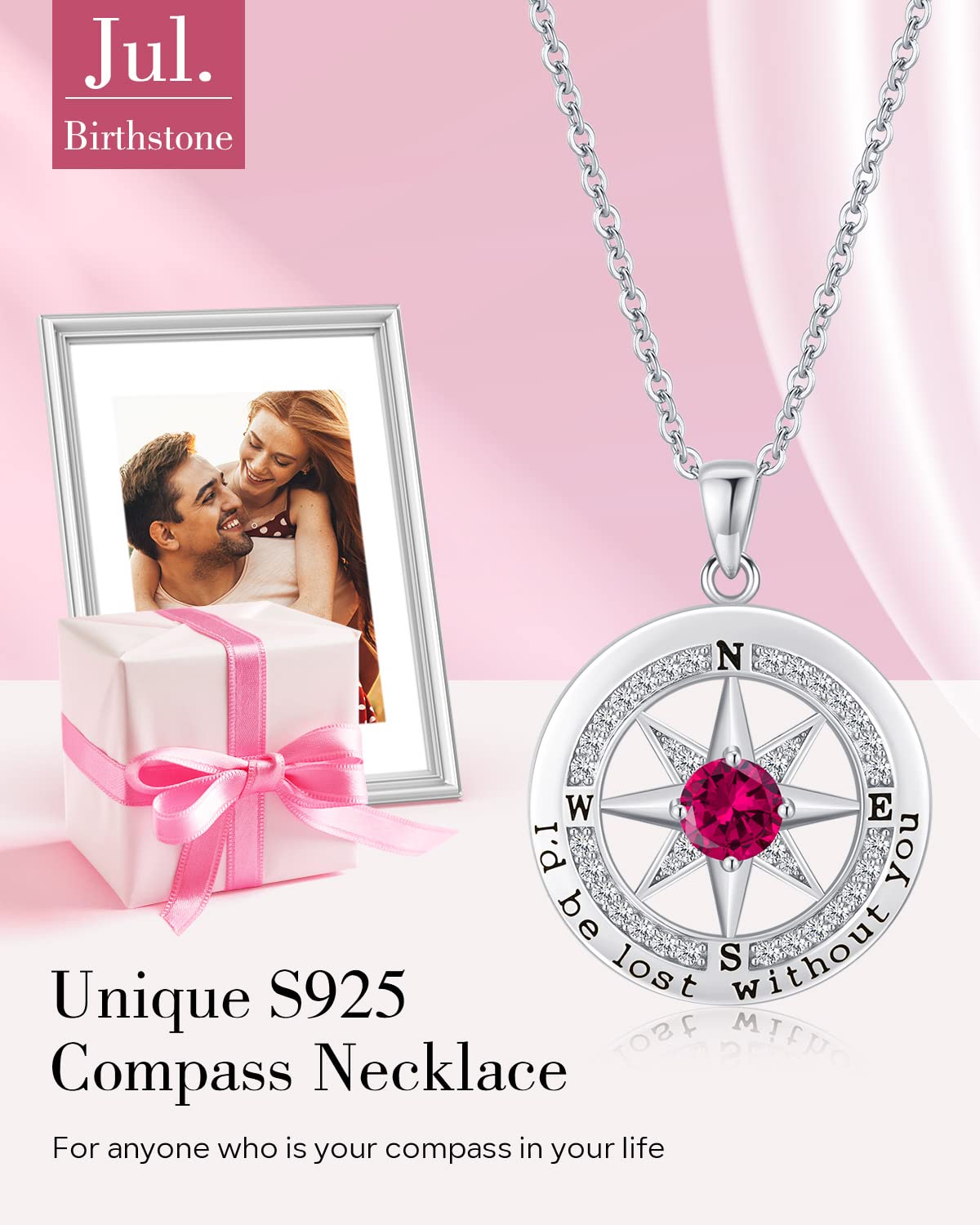 S925 Sterling Silver Compass Necklace – "I'd Be Lost Without You" Anniversary Gift for Her