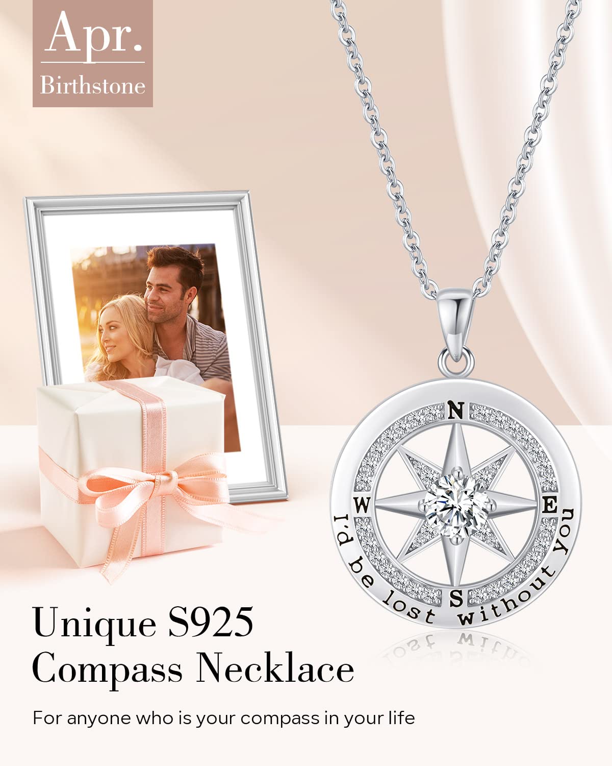 S925 Sterling Silver Compass Necklace – "I'd Be Lost Without You" Anniversary Gift for Her