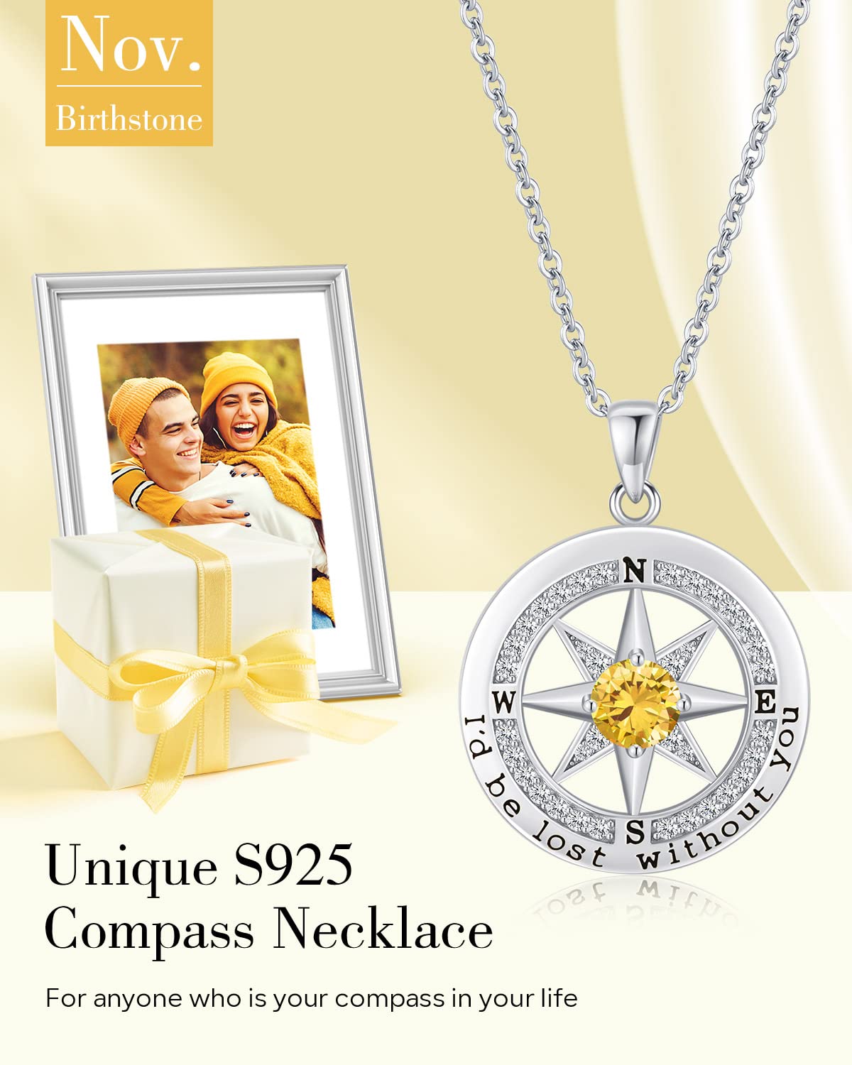 S925 Sterling Silver Compass Necklace – "I'd Be Lost Without You" Anniversary Gift for Her