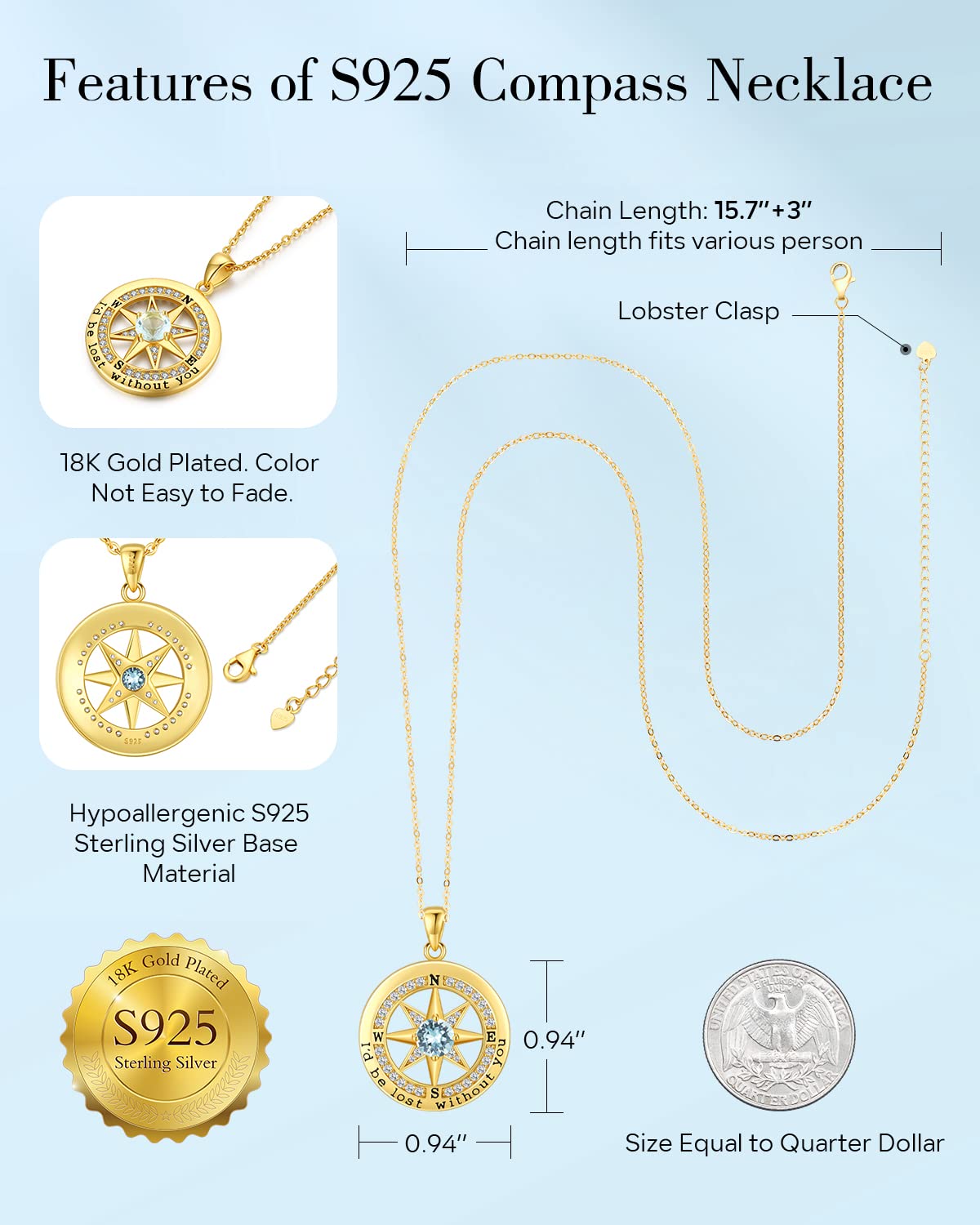 S925 Sterling Silver Compass Necklace – "I'd Be Lost Without You" Anniversary Gift for Her