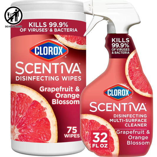 Scentiva Clorox Disinfecting Multi-Surface Cleaner Spray 32 Ounce & Disinfecting Wipes-75 Count, Tahitian Grapefruit Splash Scent Bundle