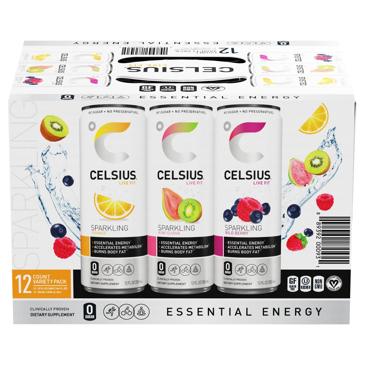 CELSIUS Sparkling Variety Pack (Orange, Wild Berry, Kiwi Guava - 12 pack