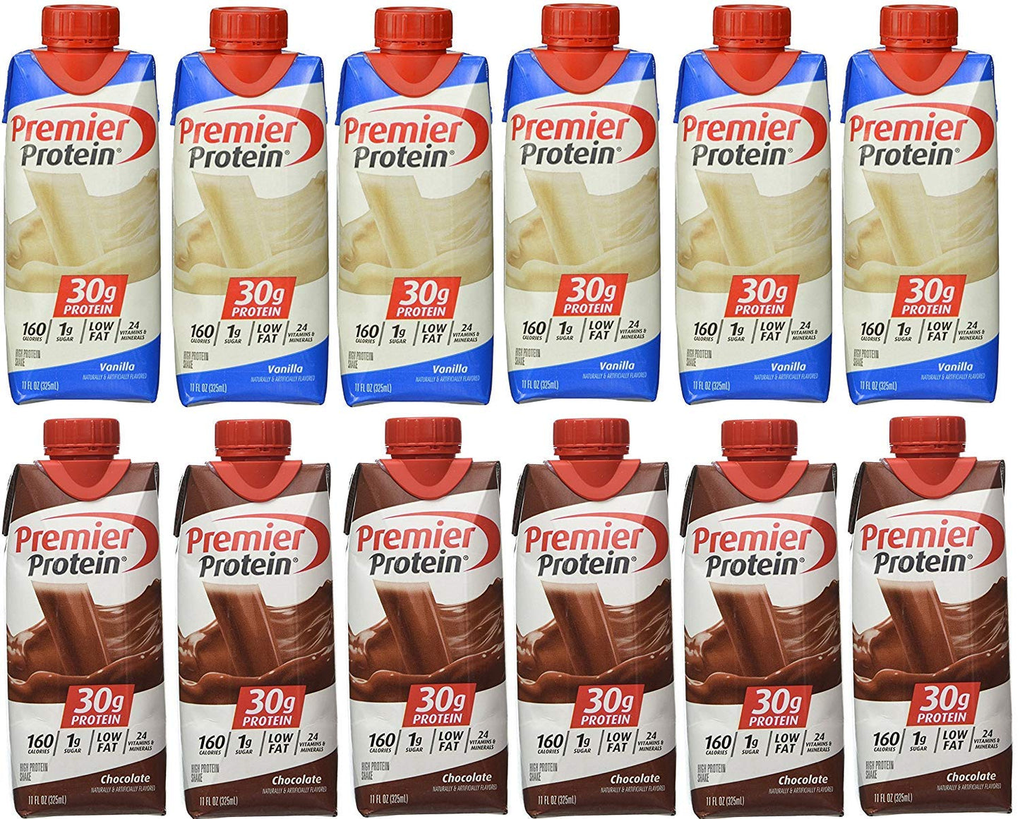 Premier Protein 6 Chocolate and 6 Vanilla Shakes 11oz (pack of 12)