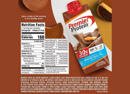 Premier Protein 30g High Protein Shake, Chocolate, Peanut Butter Flavor 1g Sugar, 24 Vitamins & Minerals, Nutrients to Support Immune Health 11 Fl Oz (Pack of 6).