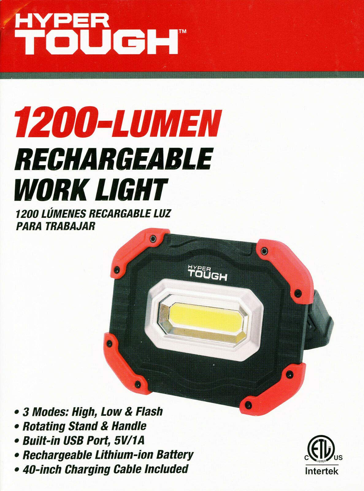 Hyper Tough 1200-Lumen RECHARGEABLE LED WORK LIGHT 3-Modes: High & Low & Flash