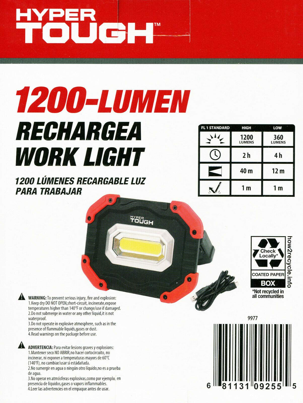 Hyper Tough 1200-Lumen RECHARGEABLE LED WORK LIGHT 3-Modes: High & Low & Flash