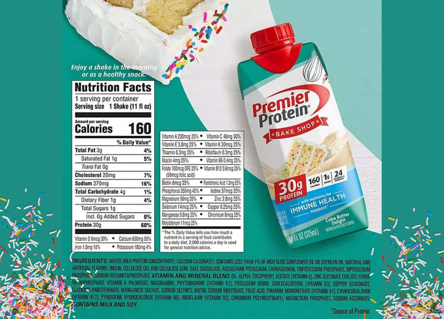 DRINKOLIN Premier Protein 30g High Protein Shake, Cake Batter Delight Flavor 1g Sugar, 24 Vitamins & Minerals, Nutrients to Support Immune Health 11 Fl Oz (Pack of 6).