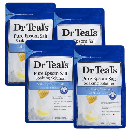 Dr. Teal's Milk & Honey Pure Epsom Salt Soaking Solution Gift Set (4 Pack, 3lb. ea.) - Soften & Nourish with Essential Oils Smoothens Skin and Eases Aches & Pains - Transforms any Bath into a Home Spa