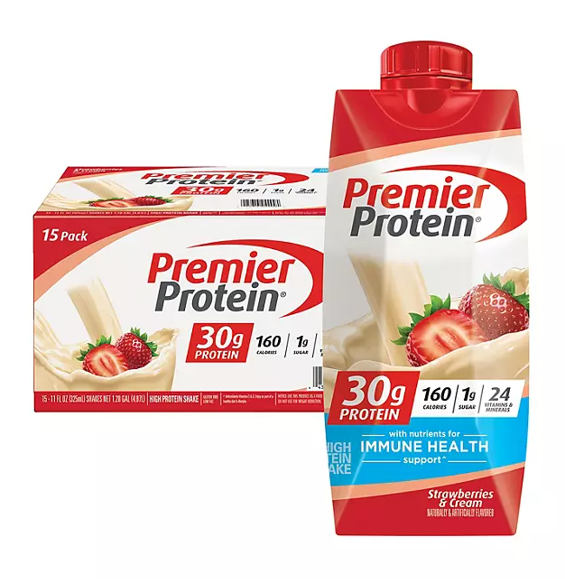 Premier Protein 30g High Protein Shake – Strawberries & Cream, 11 fl. oz., 15-Pack | Low Sugar, Ready-to-Drink