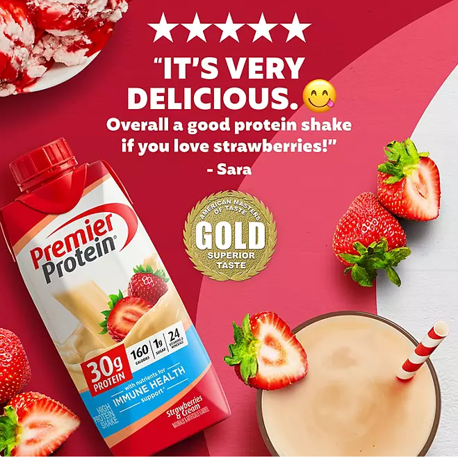 Premier Protein 30g High Protein Shake – Strawberries & Cream, 11 fl. oz., 15-Pack | Low Sugar, Ready-to-Drink