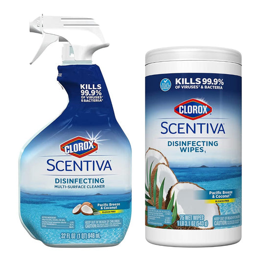 Clorox Scentiva Disinfecting Multi - Surface Cleaner Spray & Disinfecting Wipes, Pacific Breeze & Coconut Scent - Bundle of 2 Items - Ultimate Online Deals