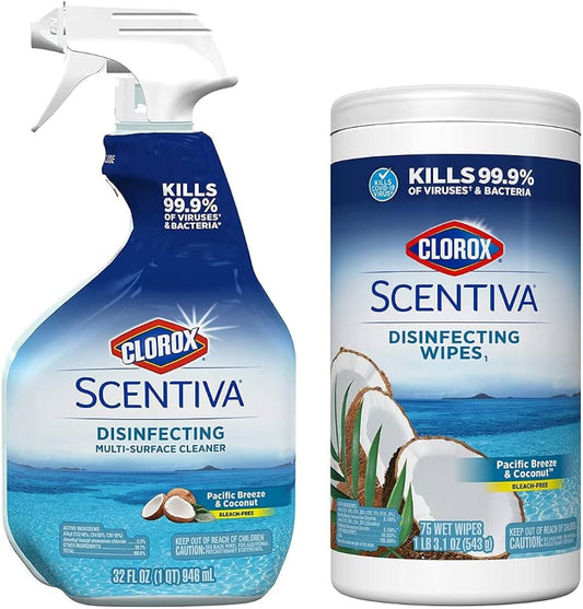 Clorox Scentiva Multi Surface Cleaner Spray and Wipes - Bleach Free Disinfectant for Hard &amp; Soft Surfaces, Coconut &amp; Waterlily Scent, 32 Oz. Each - Ultimate Online Deals