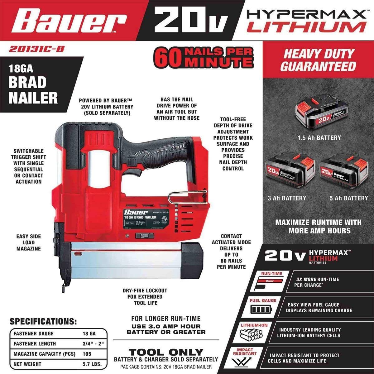 Cordless 18 Gauge Brad Nailer 20 Volt Battery Powered Tool Only From Bauer - Ultimate Online Deals