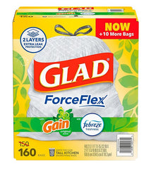 Glad ForceFlex Tall Kitchen Trash Bags, Gain Original Scent, 13 Gallon, 160 Count