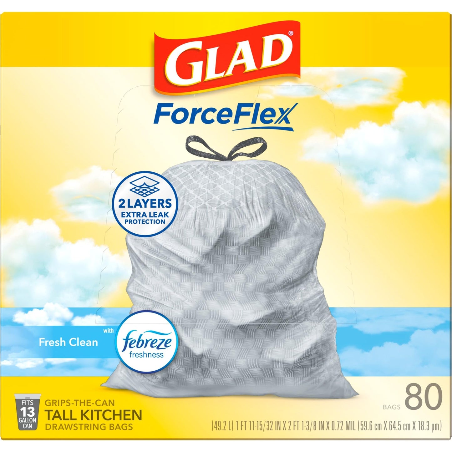 Glad® Tall Kitchen 5 - Day OdorShield Trash Bags With Febreze® Freshness, 13 Gallons, Fresh Clean Scent, White, Pack Of 80 - Ultimate Online Deals