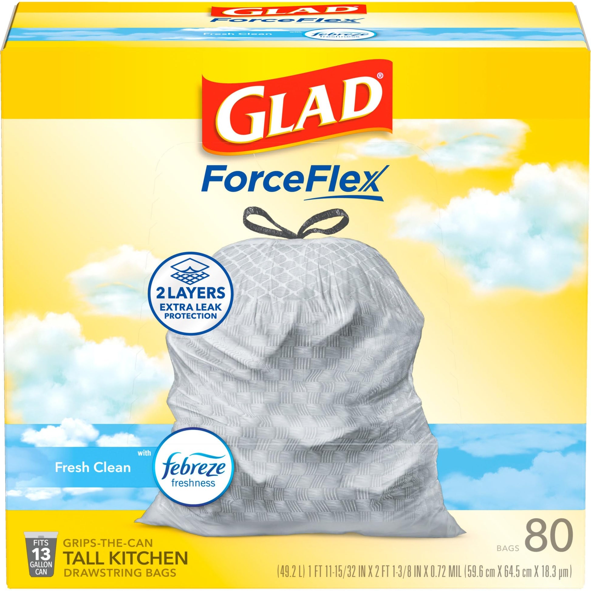 Glad® Tall Kitchen 5 - Day OdorShield Trash Bags With Febreze® Freshness, 13 Gallons, Fresh Clean Scent, White, Pack Of 80 - Ultimate Online Deals