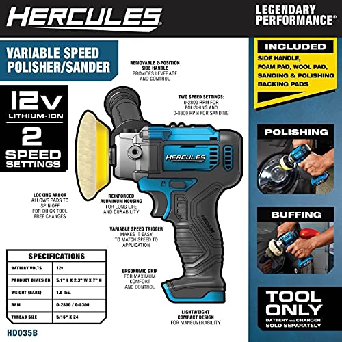 Hercules Cordless Polisher & Buffer Sander Variable Speed 12 Volts Lithium - Ion Battery Powered (Battery Not Included) Tool Only, For Car Polishing Or Sanding - Ultimate Online Deals