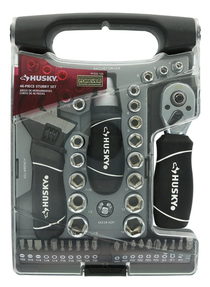 Husky Stubby 46 Piece Ratchet and Wrench Set w/ Drive Sockets, Screwdriving Bits, and Onboard Storage - Ultimate Online Deals