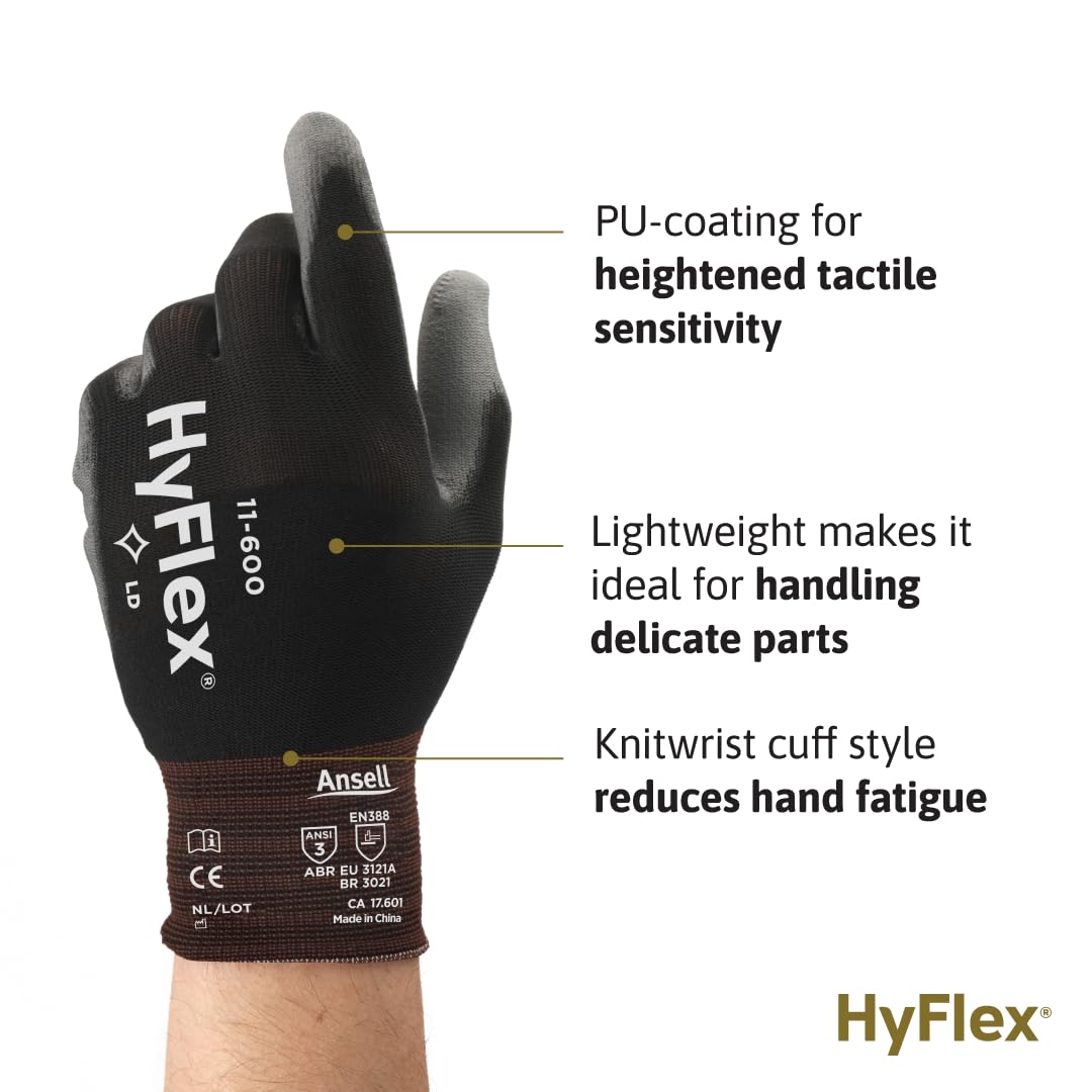 HyFlex 11 - 600 Multi - Purpose Light Duty Industrial Gloves w/Palm Coating for Metal Fabrication, Machinery, Automotive - Size 9, Black (12 Pairs) - Ultimate Online Deals