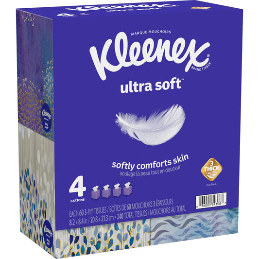 Kleenex® Ultra Soft 3 - Ply Unscented Tissues, 8 - 1/4" x 8 - 7/16", 65 Per Box, Pack Of 4 Boxes - Ultimate Online Deals