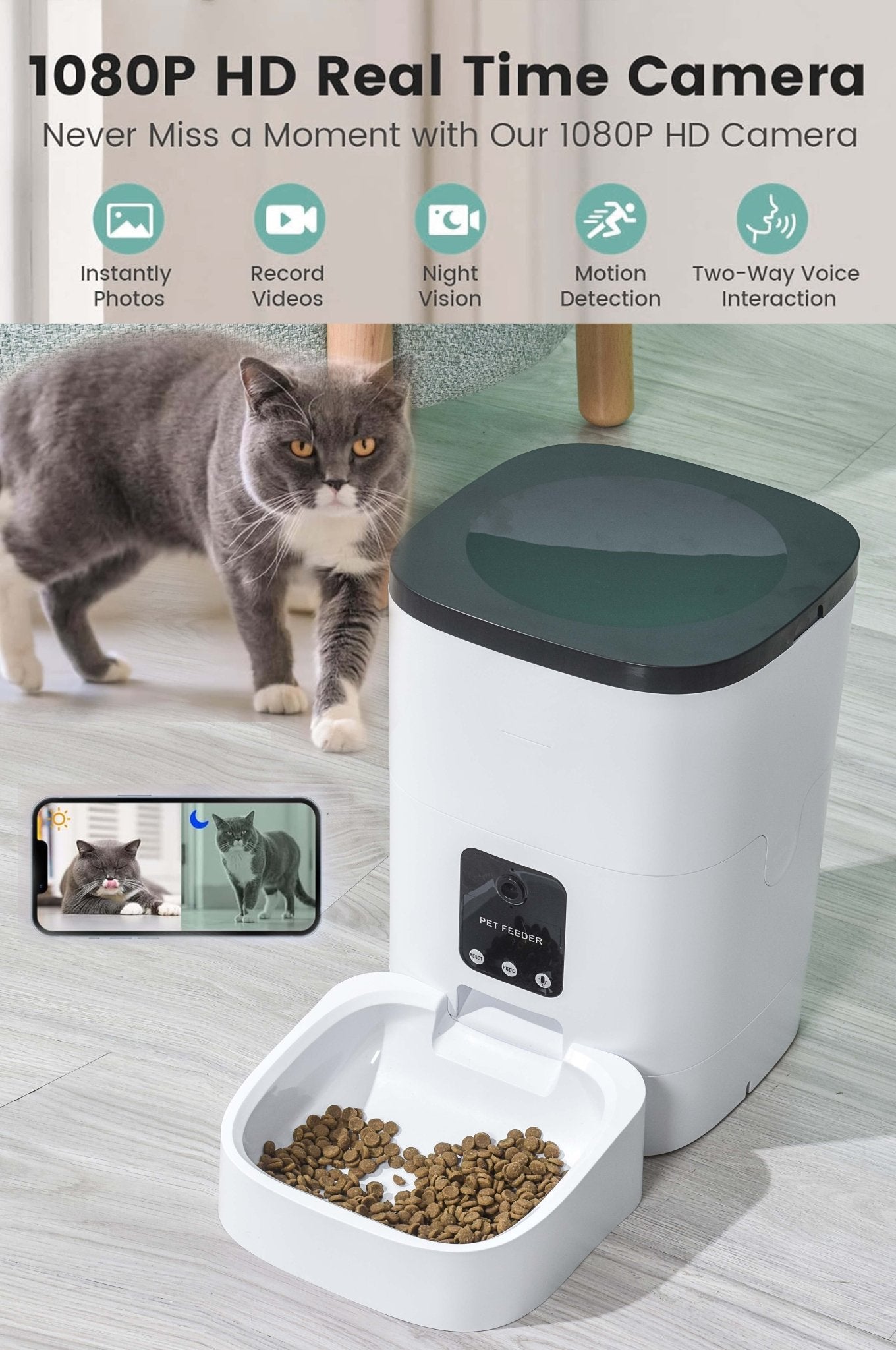 Pet Feeder,6L Automatic Pet Feeder for Cats and Dogs,1080P Camera,App Control,Voice Recorder,Timed Feeder for Schedule Feeding, Dual Power Supply,Wifi Pet Food Dispenser with App Control - Ultimate Online Deals