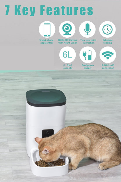 Pet Feeder,6L Automatic Pet Feeder for Cats and Dogs,1080P Camera,App Control,Voice Recorder,Timed Feeder for Schedule Feeding, Dual Power Supply,Wifi Pet Food Dispenser with App Control - Ultimate Online Deals